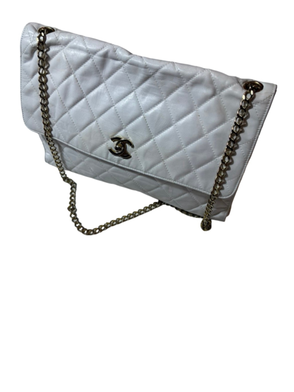 Vintage Chanel White Quilted Lambskin XL Maxi Single Flap Chain Bag